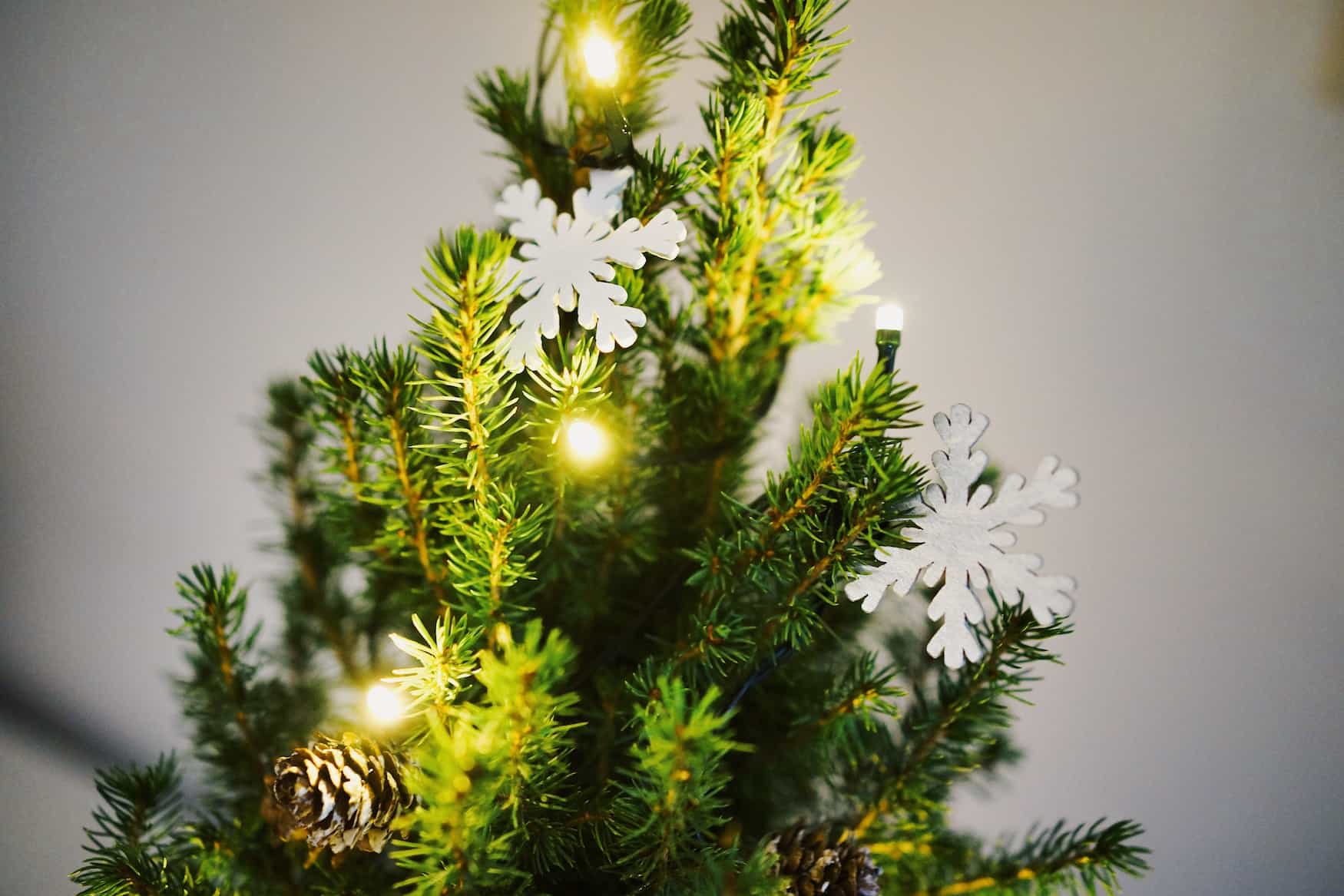 Schneeflocken und Lchterkette in Weihnachtsbaum