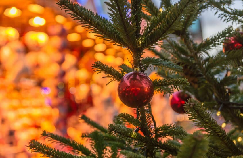 Blick auf die Äste einer grünen Tanne mit roten Christbaumkugeln. Dahinter sind hell erleuchtete Hütten von einem Weihnachtsmarkt.