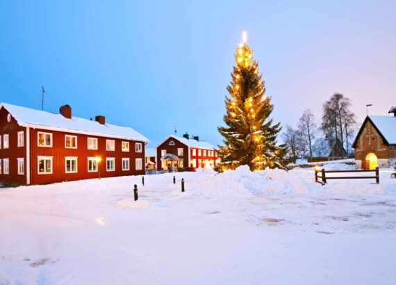 Schneelandschaft mit Häusern und leuchtenden Tannenbaum in Schweden