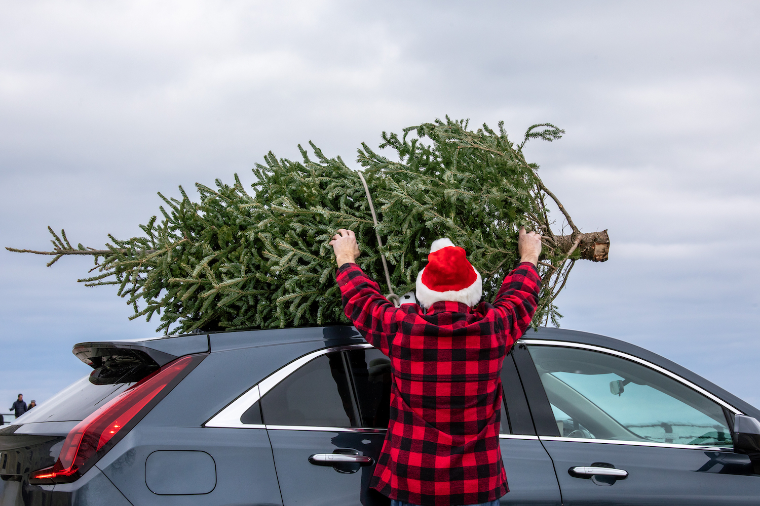 Ein Mann in karriertem Hemd und Weihnachtsmütze befestigt einen Weihnachtsbaum auf einem Auto