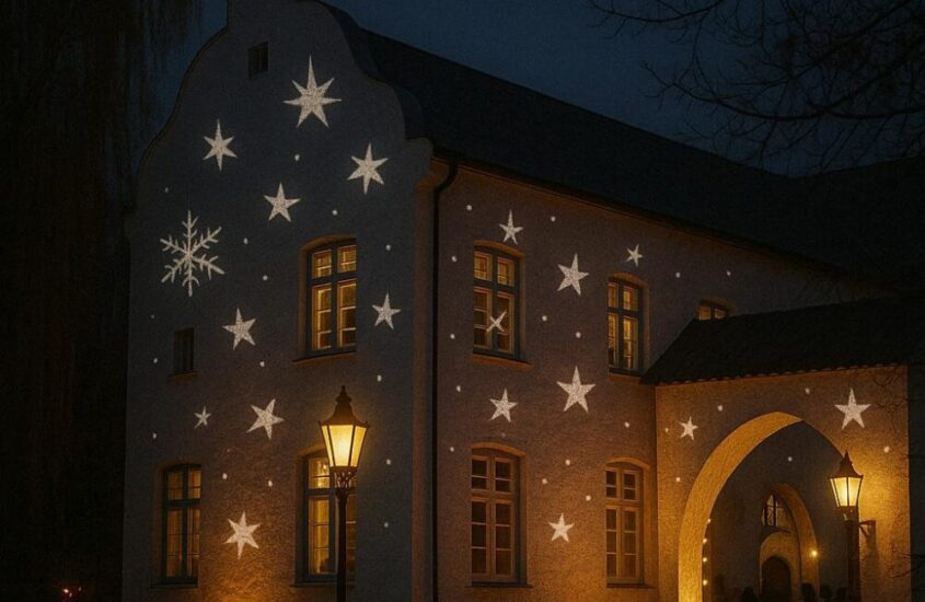 Projektion von Sternen auf der Hauswand von der Dorenburg zur Weihnachtszeit in Grefrath